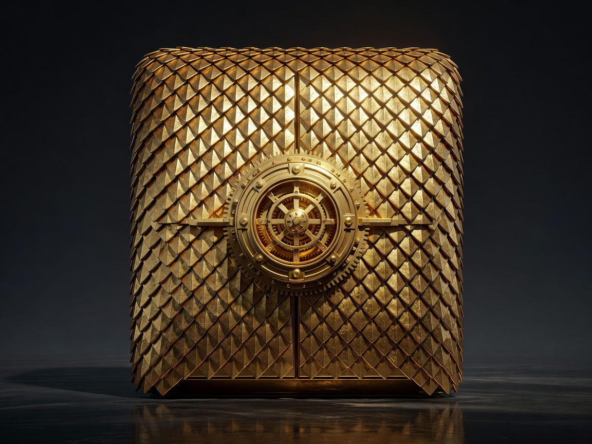 Visual artwork representing a golden virtual scale slot vault of coins